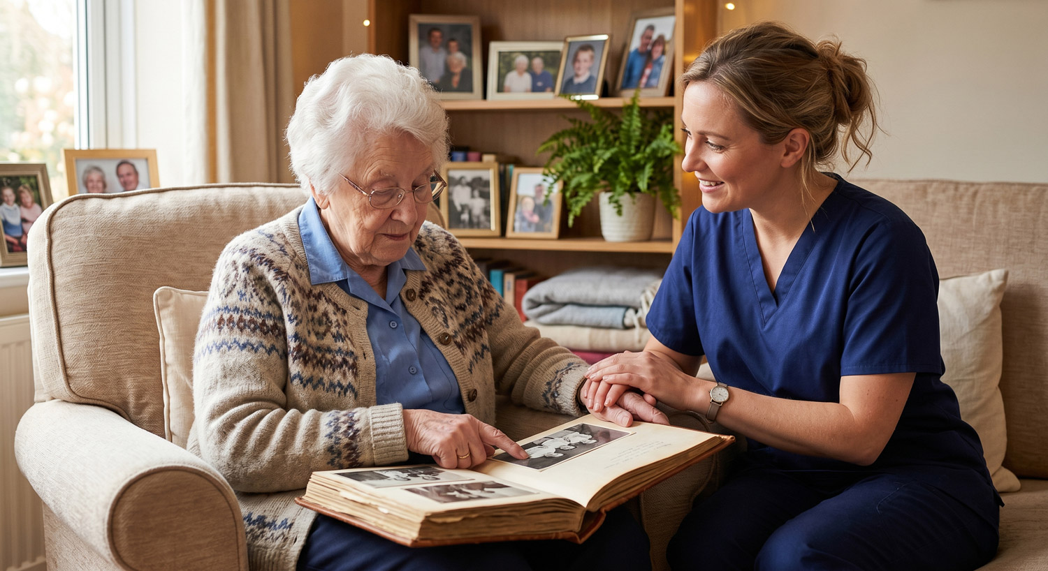 Carer supporting a dementia patient with memory activities
