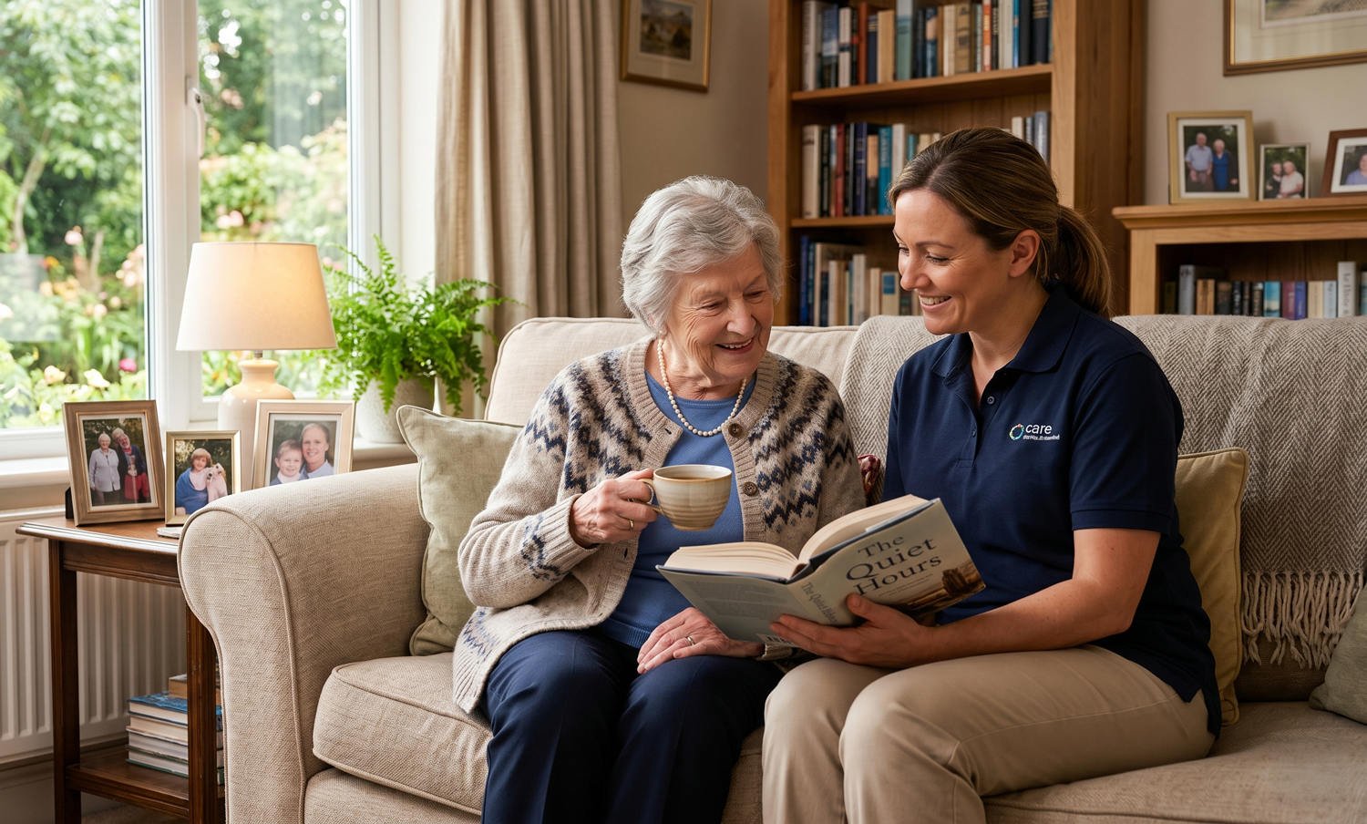Live-in carer sharing a relaxed moment with a client at home