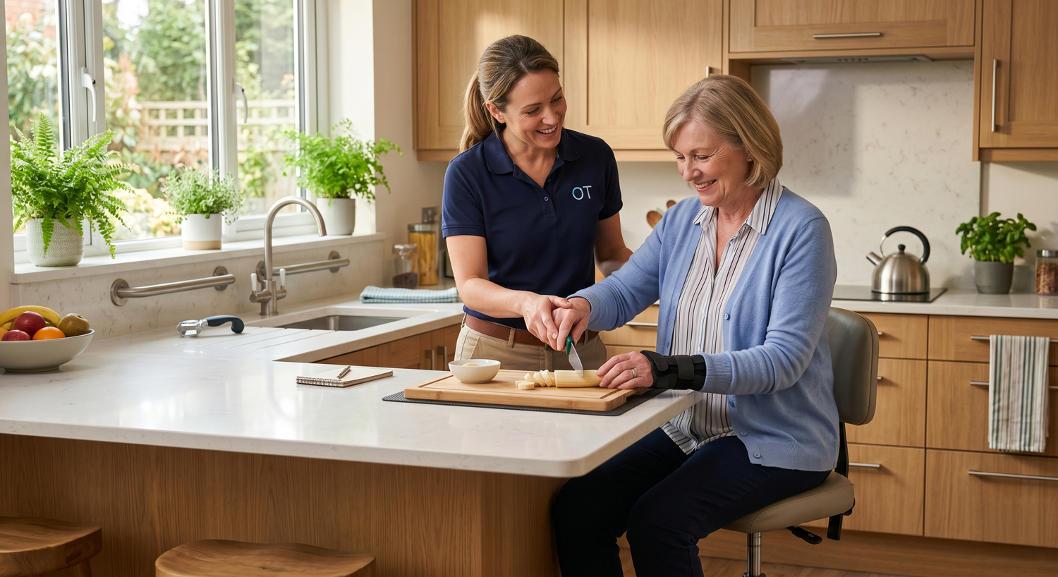 Occupational therapist helping an individual adapt to kitchen tasks