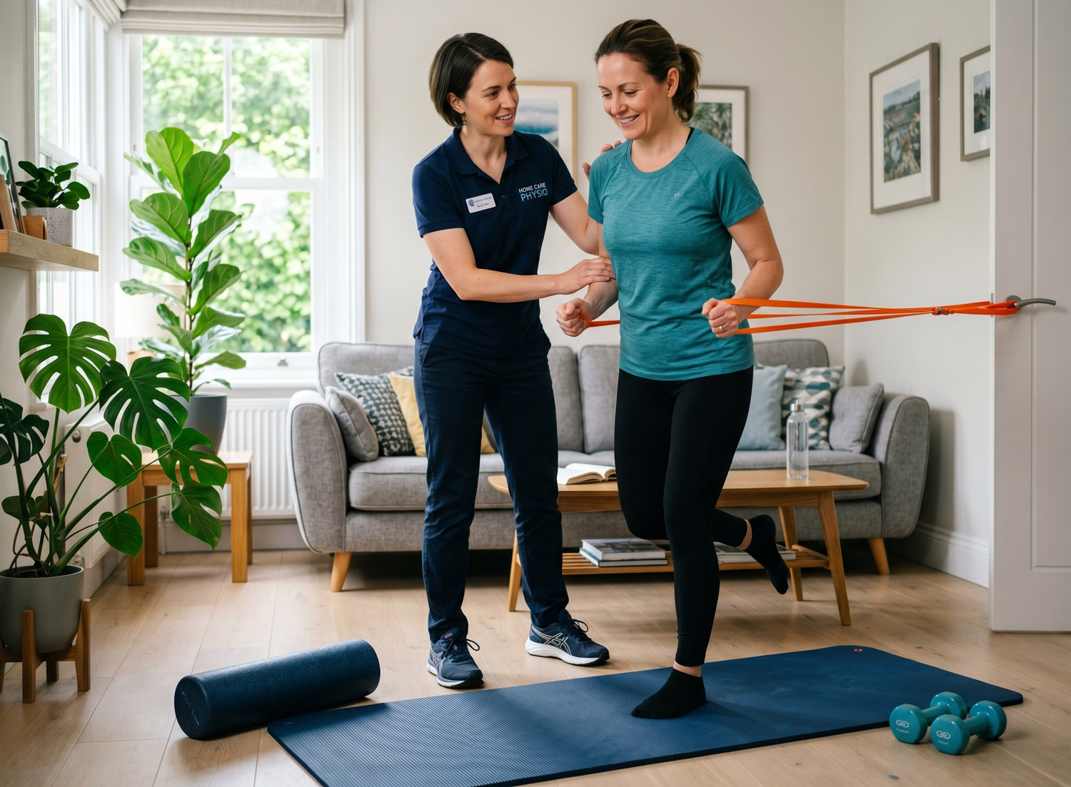 Physiotherapist assisting a patient with mobility exercises at home