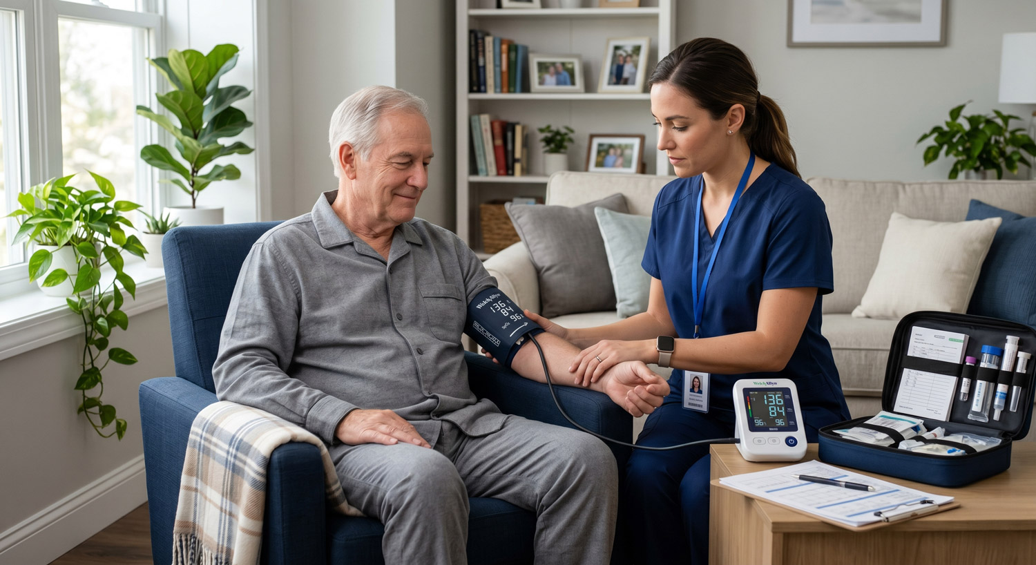Nurse monitoring patient vitals and providing clinical care at home