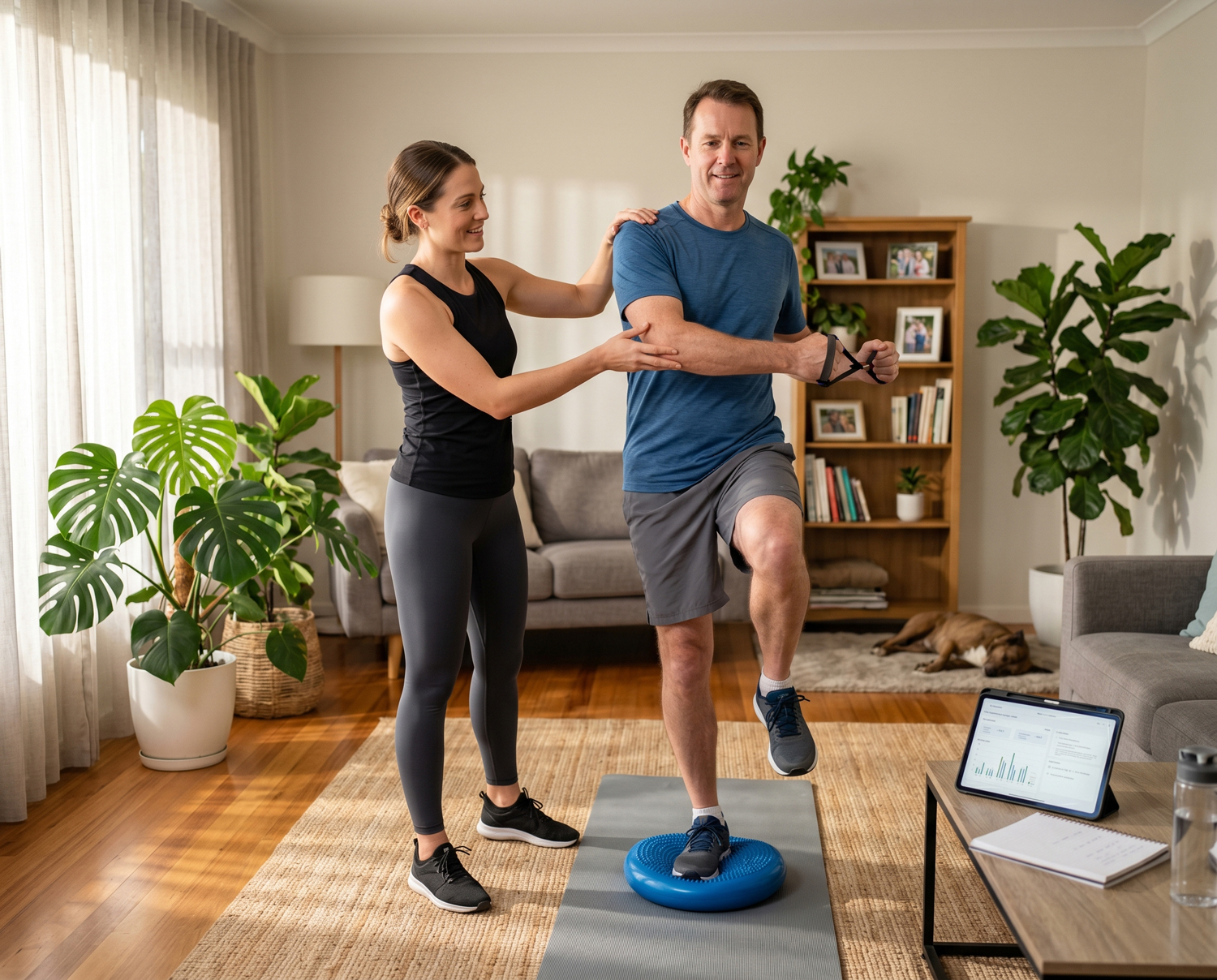 Smiling patient successfully walking with the support of a physiotherapist